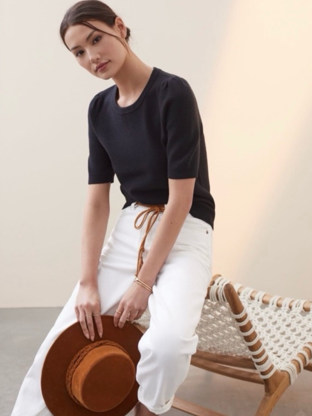Anthropologie Maeve Rich Black Harmon Puff Shoulder Short Sleeve Classic Sweater
